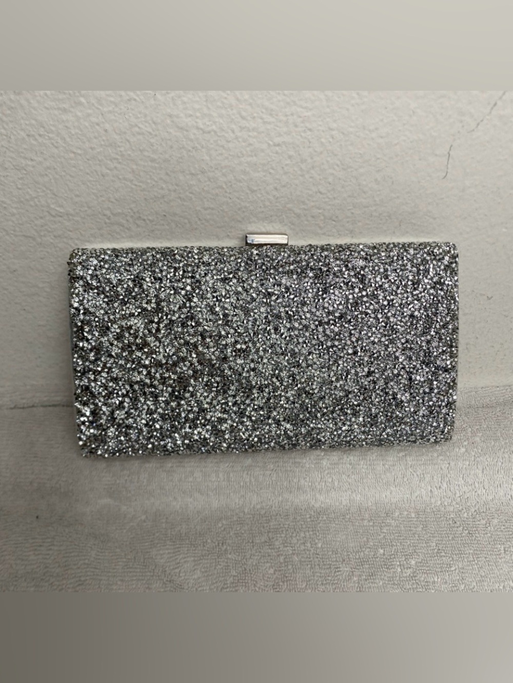 Women's Sparkle Silver Glitter Clutch Bag With Chainlink Strap Party Wedding